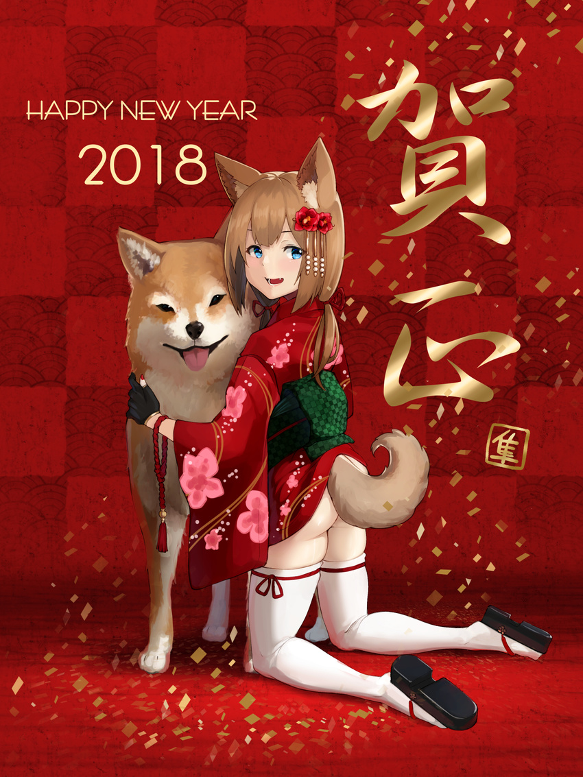 :d animal animal_ears ass black_footwear black_gloves blue_eyes blush brown_hair checkered confetti dog dog_ears dog_tail fang floral_print flower from_behind full_body geta gloves hair_flower hair_ornament hair_ribbon happy_new_year hayabusa highres japanese_clothes kimono long_hair long_sleeves looking_back low-tied_long_hair low_twintails nail_polish new_year obi open_mouth original partly_fingerless_gloves print_kimono red_background red_kimono red_nails red_ribbon ribbon sash skindentation smile tail tassel thighhighs twintails white_legwear wide_sleeves