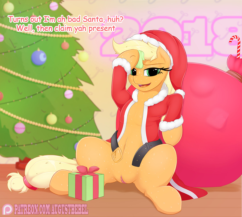 applejack_(mlp) augustbebel belt candy candy_cane christmas christmas_tree dialogue earth_pony english_text equine female food friendship_is_magic gift hair hat holidays horse inside looking_at_viewer mammal my_little_pony open_mouth patreon pony pussy santa_hat solo sweat text tree