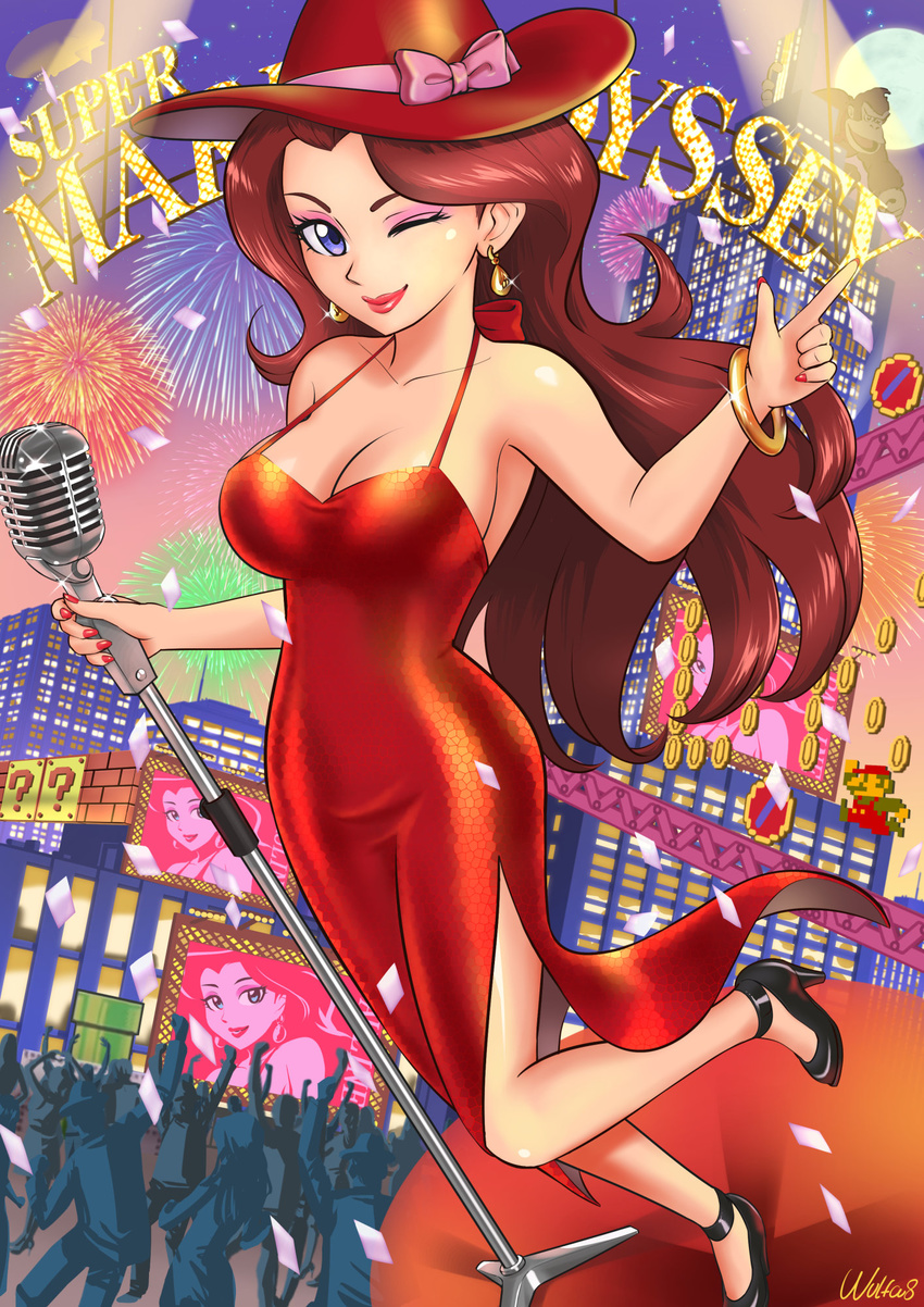 ;) bangle blue_eyes bracelet breasts brown_hair building city cleavage commentary_request crowd donkey_kong donkey_kong_(series) dress earrings fireworks full_body full_moon hat high_heels highres jewelry large_breasts lipstick makeup mario mario_(series) microphone moon nail_polish night one_eye_closed pauline_(mario) red_carpet red_dress red_lipstick red_nails sideboob sky smile solo super_mario_bros. super_mario_odyssey ur_(wulfa)