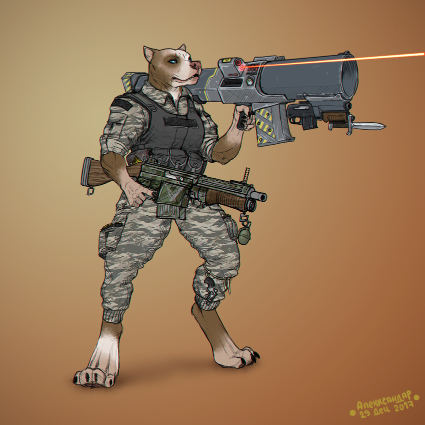 2017 alekksandar anthro bayonet blue_eyes camo canine clothing dog explosives female grenade gun knife mammal nails pants pitbull pouches ranged_weapon rocket_launcher shirt solo vest weapon