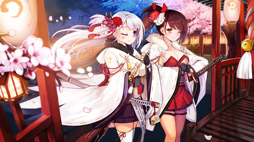 architecture azur_lane bangs bell black_gloves black_skirt blue_eyes blush breasts brown_eyes brown_hair cherry_blossoms cleavage collarbone commentary_request dress east_asian_architecture eyebrows_visible_through_hair eyelashes eyeliner fingerless_gloves fingernails flight_deck floating_hair flower flute fur_trim gloves hair_flower hair_ornament hands_clasped hatsumoude highres holding holding_instrument instrument japanese_clothes kanzashi katana kimono large_breasts long_hair looking_at_another looking_at_viewer makeup miniskirt multiple_girls new_year night night_sky one_eye_closed one_side_up own_hands_together petals praying print_kimono red_dress ribbon-trimmed_legwear ribbon_trim rope sheath sheathed shoukaku_(azur_lane) shrine_bell siblings side_ponytail silver_hair sisters skirt sky smile spirtie sword thigh_strap thighhighs tsumami_kanzashi very_long_hair water weapon white_coat white_legwear zuikaku_(azur_lane)