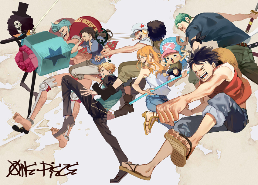 6+boys abs afro antlers aqua_hair ascot bare_arms barefoot black_hair black_jacket black_pants blue_neckwear blue_shirt blush_stickers boots brook cigarette clenched_hands closed_eyes closed_mouth collared_shirt copyright_name cyborg denim earrings everyone formal franky from_side full_body green_hair green_pants hand_up hat headphones high_collar highres holding holding_staff holding_sword holding_weapon jacket jewelry knee_up leg_hair linrereren lips long_hair long_nose looking_afar mechanical_arm monkey_d_luffy mouth_hold multiple_boys multiple_girls nami_(one_piece) nico_robin one_piece open_clothes open_mouth open_shirt orange_hair pants red_shirt roronoa_zoro sandals sanji scar scar_across_eye shirt shoes short_hair short_sleeves shorts skeleton sleeveless sleeveless_shirt smile staff star stitches stomach straw_hat suit sword teeth toes tony_tony_chopper usopp weapon white_shirt