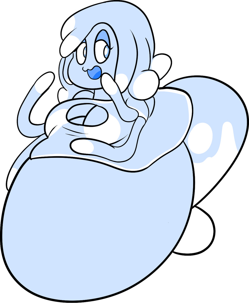 belly big_belly big_breasts blue_clothing blue_dress blue_eyes blue_skin breasts clothed clothing cute dress female ghost hair hyper hyper_belly hyper_inflation inflation looking_at_viewer morbidly_obese not_furry obese overweight quasi quasi-ghost simple_background smile solo spirit sweer-tomato tentacles weight_gain white_background