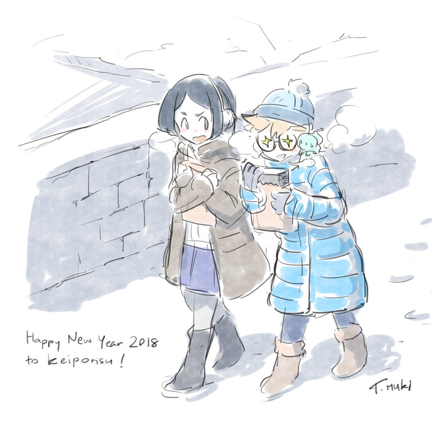 barbara_parker book boots coat commentary earmuffs english excited happy_new_year highres little_witch_academia lotte_jansson mukiki multiple_girls new_year pantyhose snow