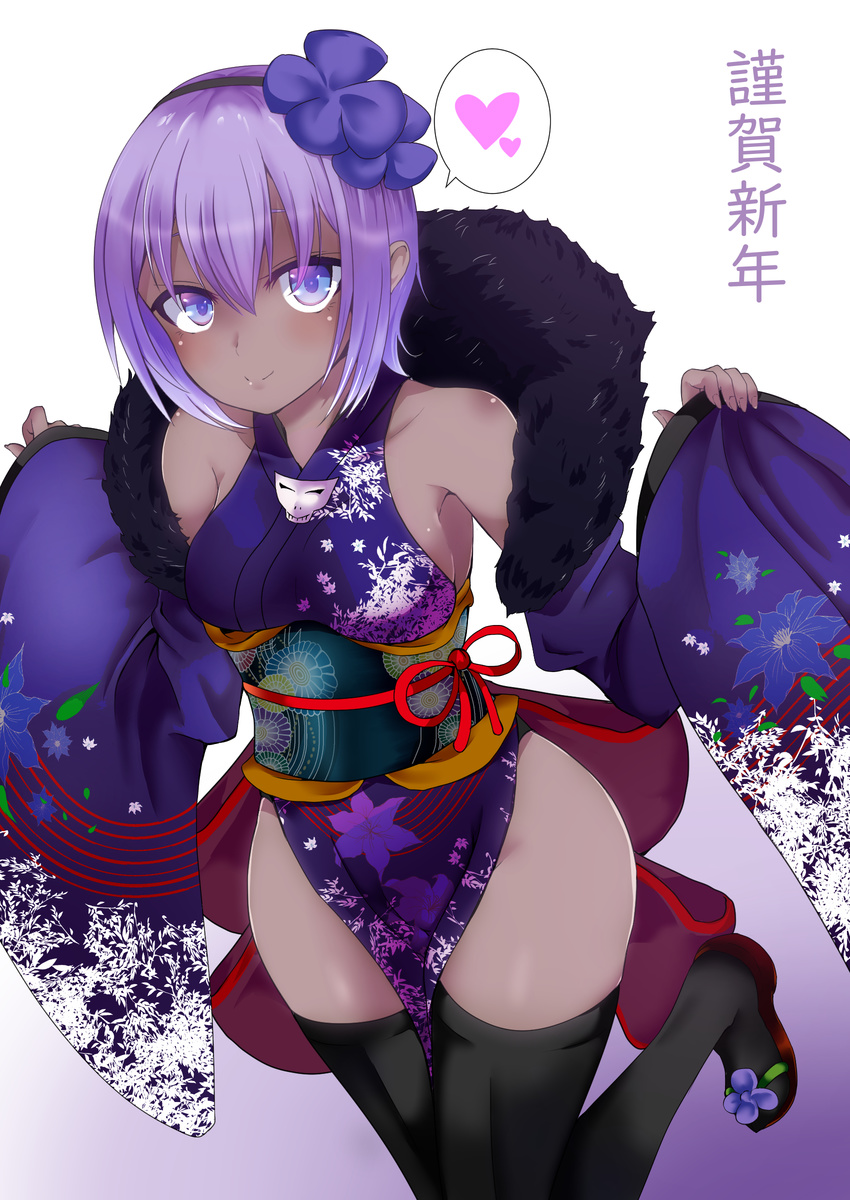 absurdres alternate_costume bangs bare_shoulders black_hairband black_legwear blush breasts closed_mouth detached_sleeves fate/grand_order fate/prototype fate/prototype:_fragments_of_blue_and_silver fate_(series) floral_print flower fujimori_tonkatsu fur_trim gradient gradient_background hair_between_eyes hair_flower hair_ornament hairband hassan_of_serenity_(fate) heart highres japanese_clothes kimono long_sleeves looking_at_viewer obi pelvic_curtain print_kimono purple_eyes purple_hair red_ribbon ribbon sash short_hair sideboob sleeves_past_wrists small_breasts smile solo spoken_heart standing standing_on_one_leg thighhighs translation_request w_arms wide_sleeves