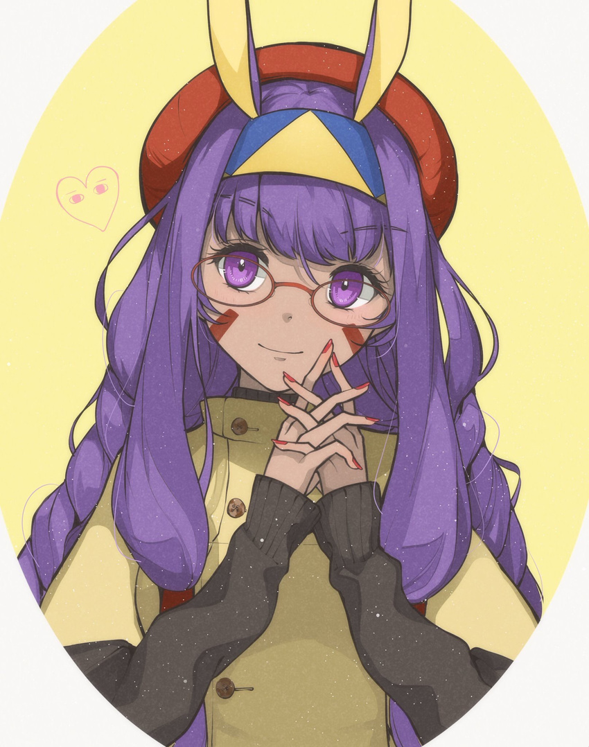 animal_ears bangs beret bunny_ears buttons casual closed_mouth dark_skin eyebrows_visible_through_hair eyelashes facial_mark fate/grand_order fate_(series) hairband hat heart highres hrmnas light_particles long_hair long_sleeves medjed nail_polish nitocris_(fate/grand_order) purple_eyes purple_hair red_hat red_nails sidelocks sleeves_past_wrists smile solo two-tone_hairband upper_body very_long_hair whisker_markings yellow_background yellow_coat