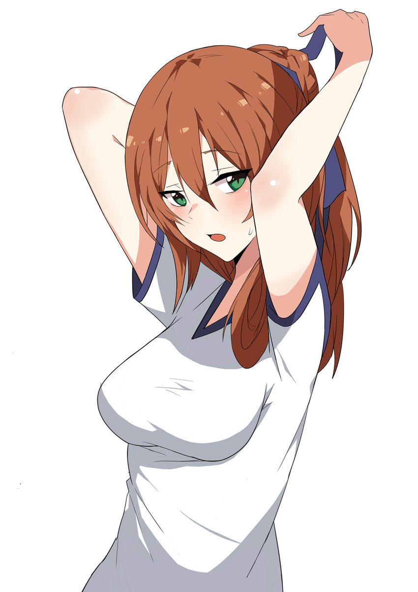 alternate_costume arms_up blue_ribbon blush braid breasts brown_hair commentary_request eyebrows_visible_through_hair girls_frontline green_eyes gym_shirt gym_uniform hair_between_eyes hair_over_shoulder hair_ribbon hand_in_hair highres large_breasts long_hair looking_at_viewer m1903_springfield_(girls_frontline) open_mouth ponytail ribbon shirt simple_background smile solo sweatdrop tsurime tying_hair ururu white_background white_shirt