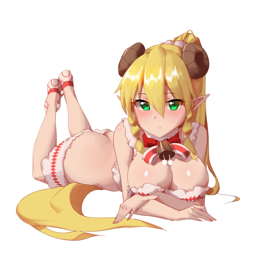 :o absurdres alternate_costume ass bare_arms bare_shoulders bell blonde_hair blush bow bowtie braid breasts cleavage commentary_request cow_bell crop_top eyebrows_visible_through_hair foreshortening full_body fur_collar green_eyes hair_between_eyes hair_ornament hair_scrunchie highres horns large_breasts leafa legs_up long_hair looking_at_viewer lying nail_polish no_socks on_stomach parted_lips pink_nails pink_scrunchie pointy_ears ponytail revision scrunchie shiny shiny_skin shoes side_braid simple_background solo striped striped_bow striped_neckwear sword_art_online the_pose tigersaber tsurime twin_braids very_long_hair white_background white_footwear