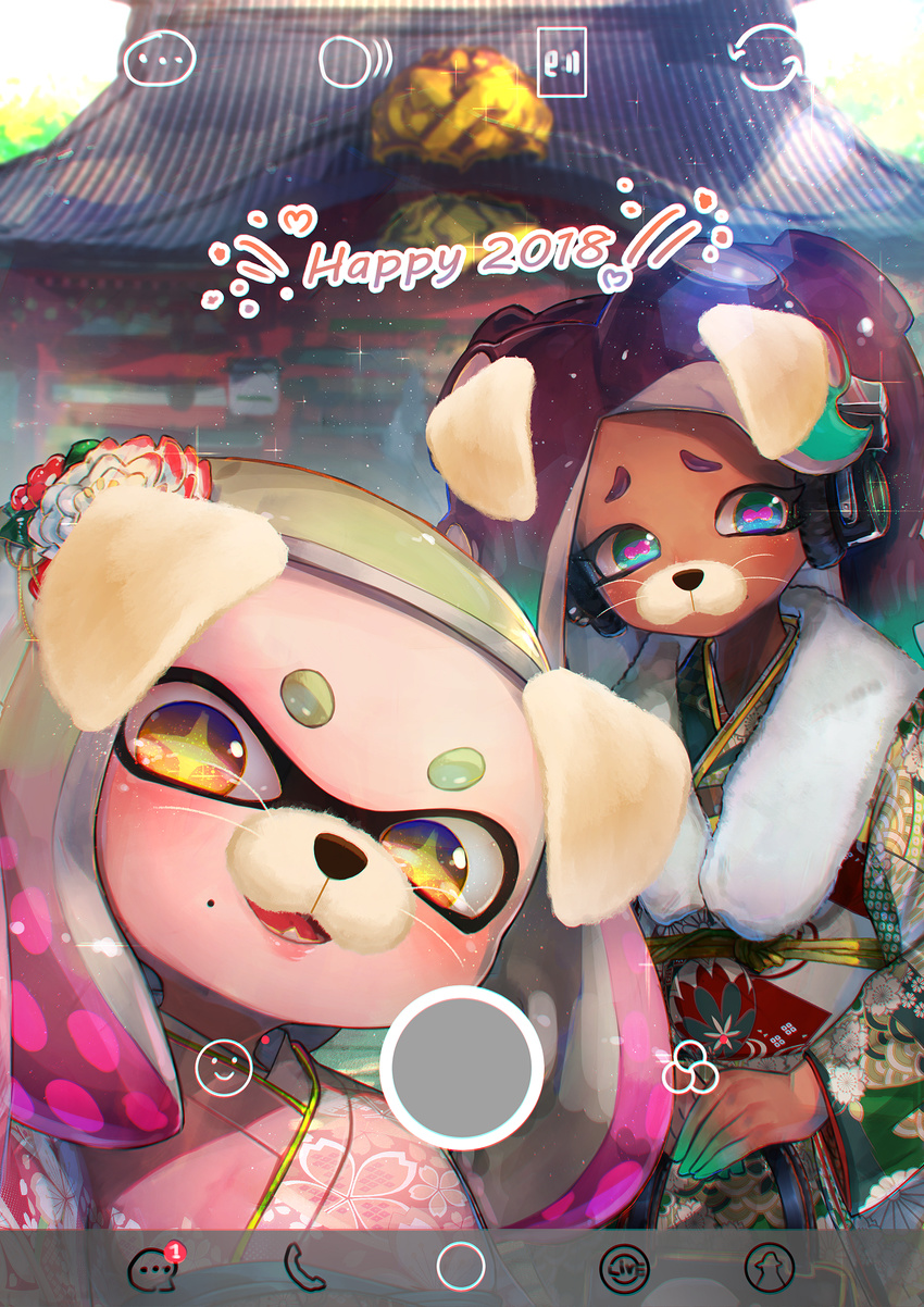 2018 2girls animal_ears bag brown_hair cephalopod_eyes chinese_zodiac commentary_request dark_skin day dog_ears dog_snout domino_mask face_filter fang floral_print flower gradient_hair green_eyes green_hair green_kimono hair_flower hair_ornament hands_together headphones heart highres hime_(splatoon) holding holding_bag iida_(splatoon) japanese_clothes kashu_(hizake) kimono lens_flare long_hair long_sleeves looking_at_viewer mask medium_hair mole mole_under_mouth multicolored_hair multiple_girls new_year obi octarian open_mouth outdoors own_hands_together phone_screen pink_hair pink_kimono pink_pupils print_kimono print_obi red_flower sash short_eyebrows shrine smiley_face sparkle splatoon_(series) splatoon_2 suction_cups sunlight tentacle_hair tree whiskers white_flower white_hair year_of_the_dog yellow_eyes