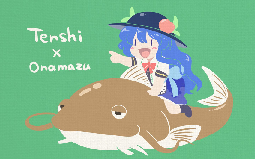 :d animal bangs bare_arms black_hat blue_bow blue_hair blue_skirt blush bow bowler_hat bowtie catfish character_name chibi fish flat_chest food fruit green_background hair_between_eyes hat hinanawi_tenshi index_finger_raised itatatata leaf long_hair looking_away namazu no_eyebrows no_nose open_mouth peach pointing puffy_short_sleeves puffy_sleeves red_bow red_neckwear riding scarlet_weather_rhapsody shirt short_sleeves skirt smile solo tongue touhou very_long_hair white_shirt |_|