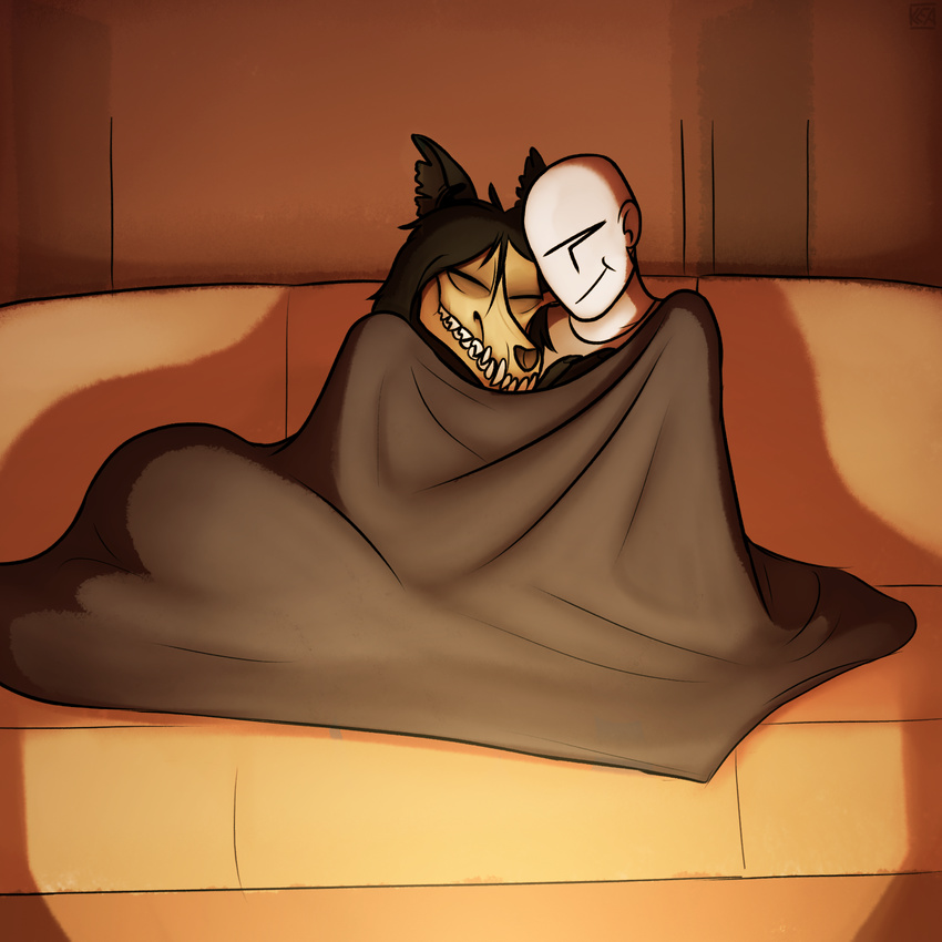 anon anthro bedding blanket cuddling eyes_closed fangs human inside kea_(artist) leaning mammal on_couch on_sofa scp-1471 scp_foundation sitting smile sofa