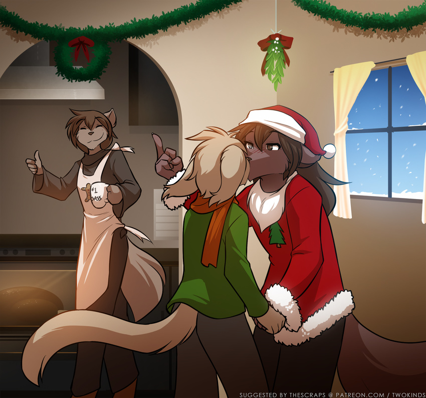 2018 :3 anthro apron basitin blush brown_fur canine christmas clothed clothing cup english_text eyes_closed fake_beard female fur group hand_holding hat heterochromia hi_res holding_object holidays humor inside keidran keith_keiser kitchen larger_female male mammal middle_finger mistletoe monochrome natani plant santa_hat scarf sibling size_difference smaller_male smile snow text thumbs_up tom_fischbach twokinds webcomic window winter wolf zen_(twokinds)