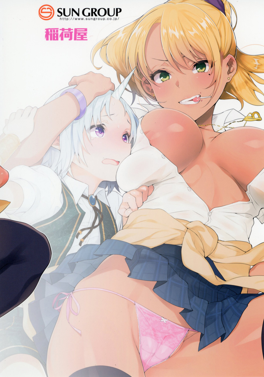 &gt;:) 1boy 1girl age_difference bangle black_legwear blonde_hair blue_hair bow_panties bracelet breast_press breasts breasts_apart brooch cameltoe candy cover cover_page cowboy_shot dark_skin doujin_cover dress_shirt ear_piercing erect_nipples eyes_visible_through_hair fang food green_eyes grin gyaru hand_on_another's_head hand_on_hip head_grab highres horn inari_(kimitama0902yahoocojp) japanese jewelry kogal lace-trimmed_panties large_breasts lollipop looking_at_another looking_at_viewer mole mole_under_eye mouth_hold necklace nipple_slip nipples no_bra open_clothes open_mouth open_shirt original panties partially_unbuttoned piercing pink_panties plaid plaid_skirt pleated_skirt ponytail puffy_short_sleeves puffy_sleeves purple_eyes shirt short_hair short_sleeves side-tie_panties skirt skirt_lift smile string_panties tail tears teenage_girl_and_younger_boy teeth text thighhighs unbuttoned unbuttoned_shirt underwear unicorn upskirt wavy_mouth web_address