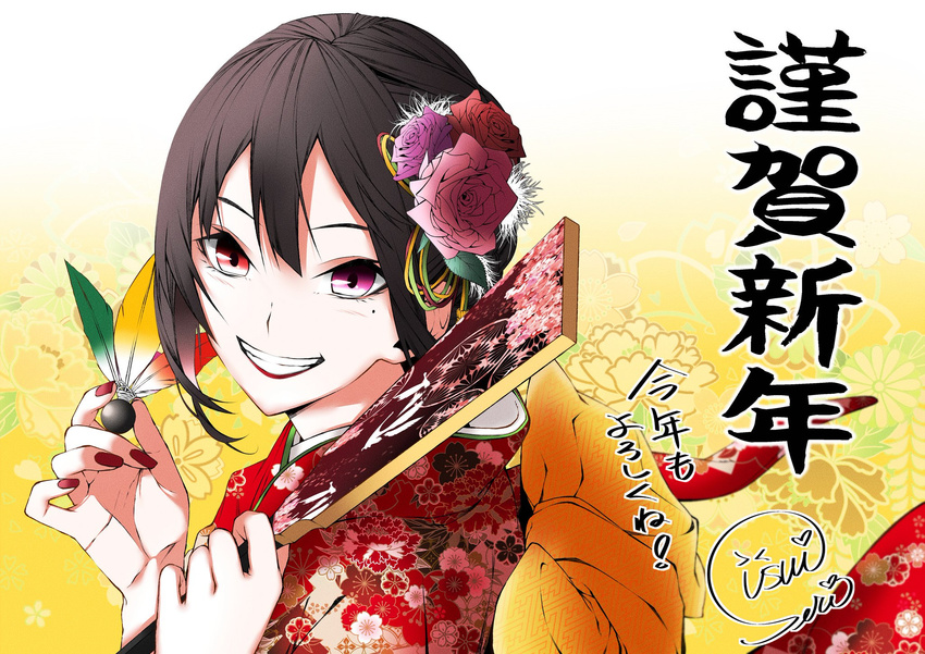 :d akeome bangs black_hair commentary_request fingernails floral_print flower from_side hagoita hair_flower hair_ornament hands_up hanetsuki happy_new_year heterochromia highres japanese_clothes kimono lipstick looking_at_viewer looking_to_the_side makeup mole mole_under_eye nail_polish new_year open_mouth original paddle pink_eyes red_eyes red_kimono red_lipstick red_nails signature smile solo usui_seri vice_(kuronekohadokoheiku)