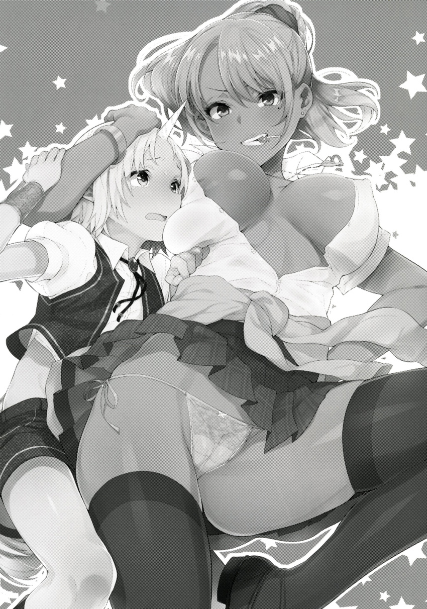&gt;:) 1boy 1girl age_difference bangle black_legwear blonde_hair blue_hair bow_panties bracelet breast_press breasts breasts_apart brooch cameltoe candy cover cover_page dark_skin doujin_cover dress_shirt ear_piercing erect_nipples eyes_visible_through_hair fang food green_eyes grin gyaru hand_on_another's_head hand_on_hip head_grab highres horn inari_(kimitama0902yahoocojp) jewelry kogal lace-trimmed_panties large_breasts lollipop looking_at_another looking_at_viewer mole mole_under_eye monochrome mouth_hold necklace nipple_slip nipples no_bra open_clothes open_mouth open_shirt original outline panties partially_unbuttoned piercing plaid plaid_skirt pleated_skirt ponytail puffy_short_sleeves puffy_sleeves purple_eyes shirt short_hair short_sleeves side-tie_panties skirt skirt_lift smile string_panties tail tears teenage_girl_and_younger_boy teeth thighhighs unbuttoned unbuttoned_shirt underwear unicorn upskirt wavy_mouth