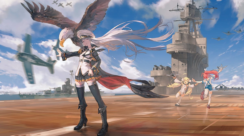 ahoge aircraft aircraft_carrier azur_lane bailey_(azur_lane) bangs battleship bird blonde_hair boots breasts cloud cloudy_sky commentary cross-laced_footwear day detached_sleeves eagle eldridge_(azur_lane) enterprise_(azur_lane) eyebrows_visible_through_hair f6f_hellcat flight_deck hat lace-up_boots large_breasts long_hair looking_at_viewer lying mary_janes medium_breasts military military_vehicle miniskirt multiple_girls necktie ocean on_back open_mouth orange_eyes overalls panties peaked_cap puffy_detached_sleeves puffy_sleeves purple_eyes red_hair rias-coast runway sbd_dauntless ship shirt shoes silver_hair skirt sky sleeveless smile thighhighs twintails two_side_up underwear very_long_hair warship watercraft white_legwear white_panties