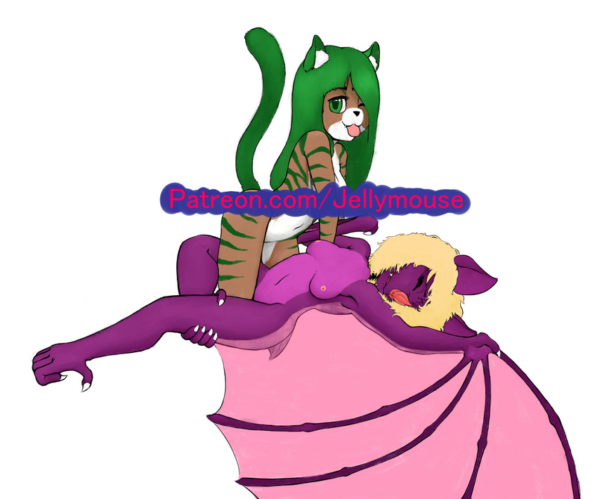 bat blonde_hair breasts cat feline female female/female giggling green_hair hair jellymouse mammal nipples nude sange_(jellymouse) smile spread_wings stripes wings yasha_(jellymouse)
