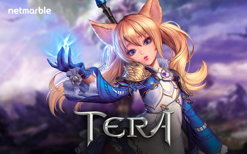 animal_ears arm_up artist_request blonde_hair blue_eyes blue_gloves copyright_name dog_ears dress elin_(tera) gloves lips long_hair magic official_art outstretched_arm pauldrons short_dress solo staff tera_online twintails upper_body wallpaper weapon white_dress wind wind_lift
