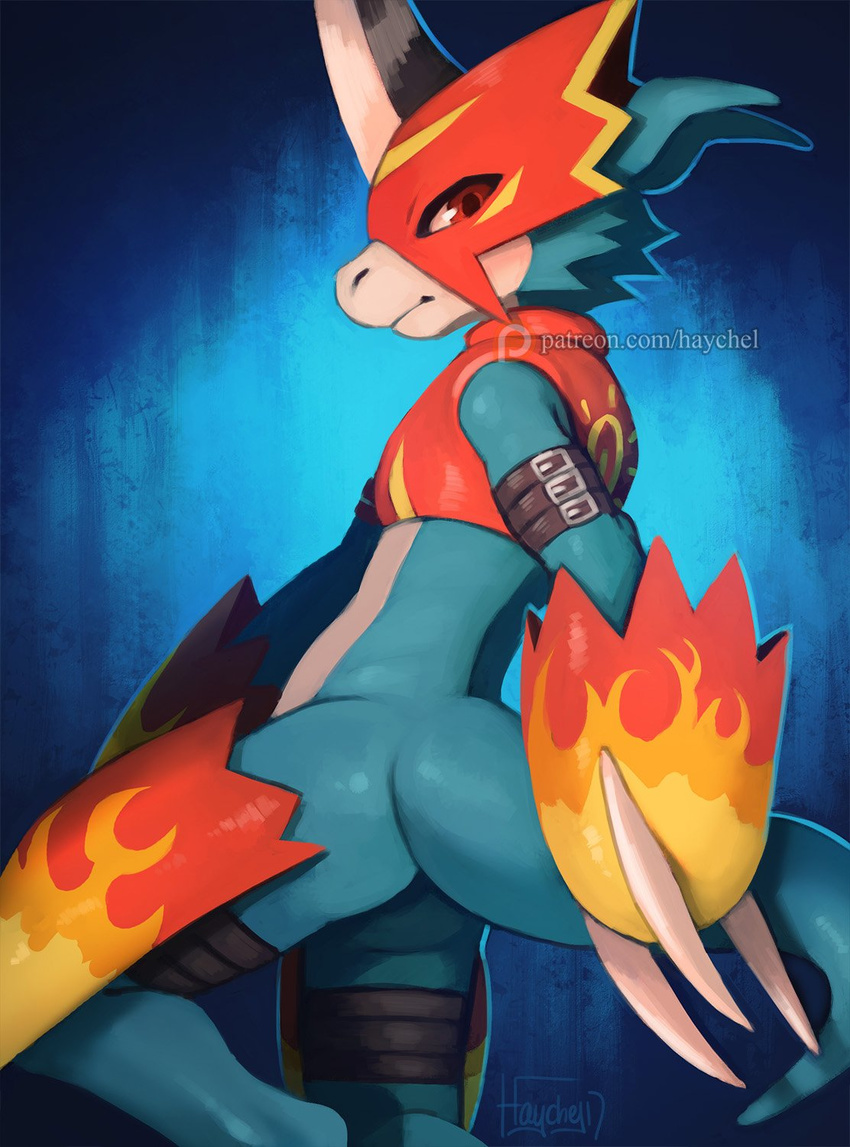 ambiguous_gender anthro armor blade blue_background blue_skin bottomless butt_pose claws clothed clothing digimon flamedramon haychel helmet looking_at_viewer patreon red_eyes scalie simple_background solo unconvincing_armor white_skin