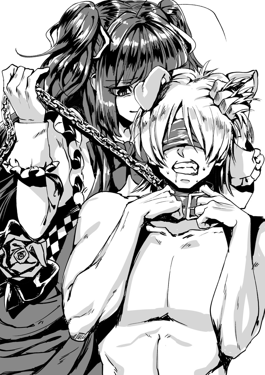 1boy 1girl animal_ears artist_request blindfold character_request clothed_female_nude_male collar femdom hair_grab leash long_hair monochrome open_mouth short_hair teeth white_background