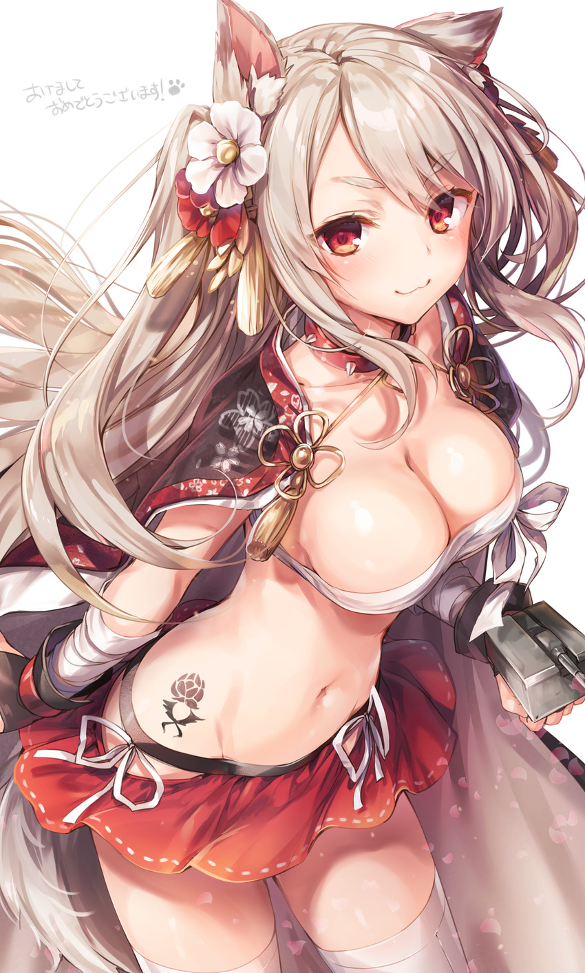 :3 akeome animal_ears azur_lane black_gloves breasts cleavage collar commentary_request floral_print flower gloves hair_flower hair_ornament happy_new_year highres komeshiro_kasu long_hair looking_at_viewer medium_breasts miniskirt navel new_year red_eyes red_flower red_skirt silver_hair simple_background skirt smile solo spikes stomach tattoo thick_eyebrows thighhighs very_long_hair white_background white_flower white_legwear yuudachi_(azur_lane)