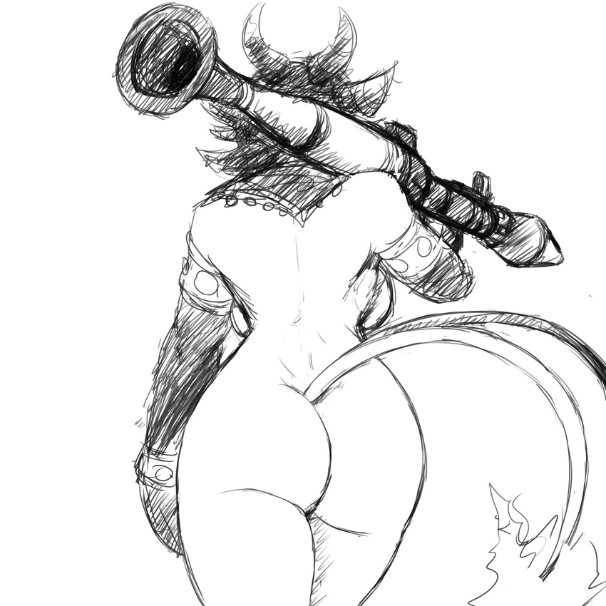 2_tails anthro armwear bare_shoulders black_and_white breasts butt clothing demon elbow_gloves female gloves halter_top hi_res hladilnik horn low-angle_view mammal midriff monochrome multi_tail ranged_weapon rear_view rocket_launcher rpg-7 shay_(hladilnik) side_boob simple_background sketch solo upskirt walking weapon