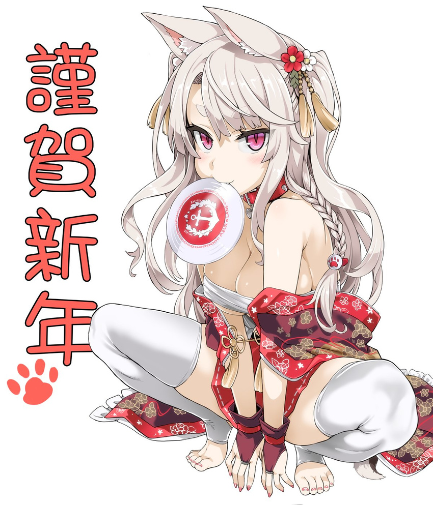 animal_ears asanagi azur_lane bare_shoulders barefoot braid breasts bridal_gauntlets cleavage collar dog_ears feet fingerless_gloves flower frisbee gloves hair_flower hair_ornament highres large_breasts long_hair looking_at_viewer mouth_hold nail_polish nengajou new_year open_clothes red_eyes short_eyebrows silver_hair single_braid smile solo spread_legs squatting thighhighs toeless_legwear toenail_polish toes white_legwear yuudachi_(azur_lane)