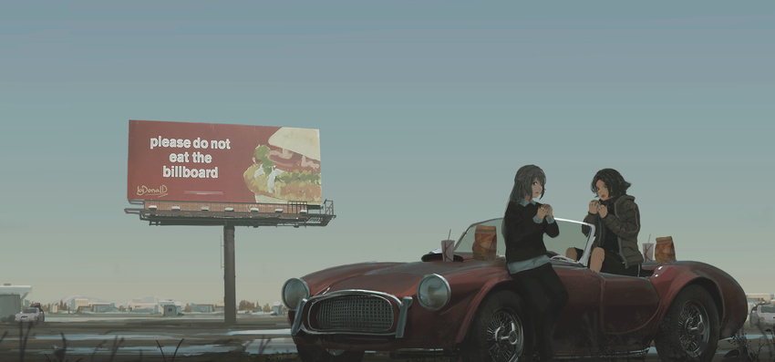 absurdres ad billboard blue_sky brand_name_imitation brown_hair car cup day eating english faiz_azhar food grey_hair ground_vehicle hamburger highres jacket leaning_on_object long_hair long_sleeves motor_vehicle multiple_girls open_clothes open_jacket original outdoors road shelby_cobra short_hair sitting sky standing
