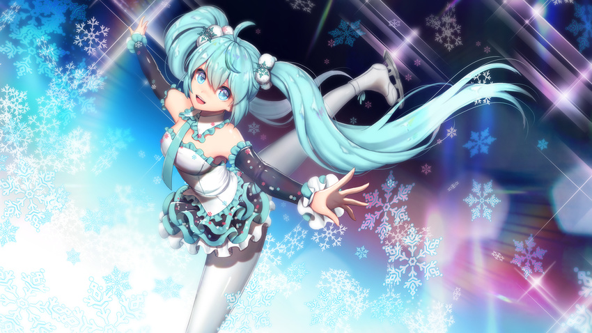 :d aqua_hair black_skirt blue_eyes blush breasts collar commentary_request detached_collar detached_sleeves dutch_angle figure_skating frilled_collar frilled_shirt frilled_sleeves frills hatsune_miku highres ice_skates layered_skirt leg_up long_hair long_sleeves looking_at_viewer open_mouth outstretched_arms pantyhose shirt skates skating skirt small_breasts smile snowflakes solo split spread_arms standing standing_on_one_leg standing_split strapless tubetop twintails very_long_hair vocaloid white_footwear white_legwear white_shirt y.i._(lave2217)
