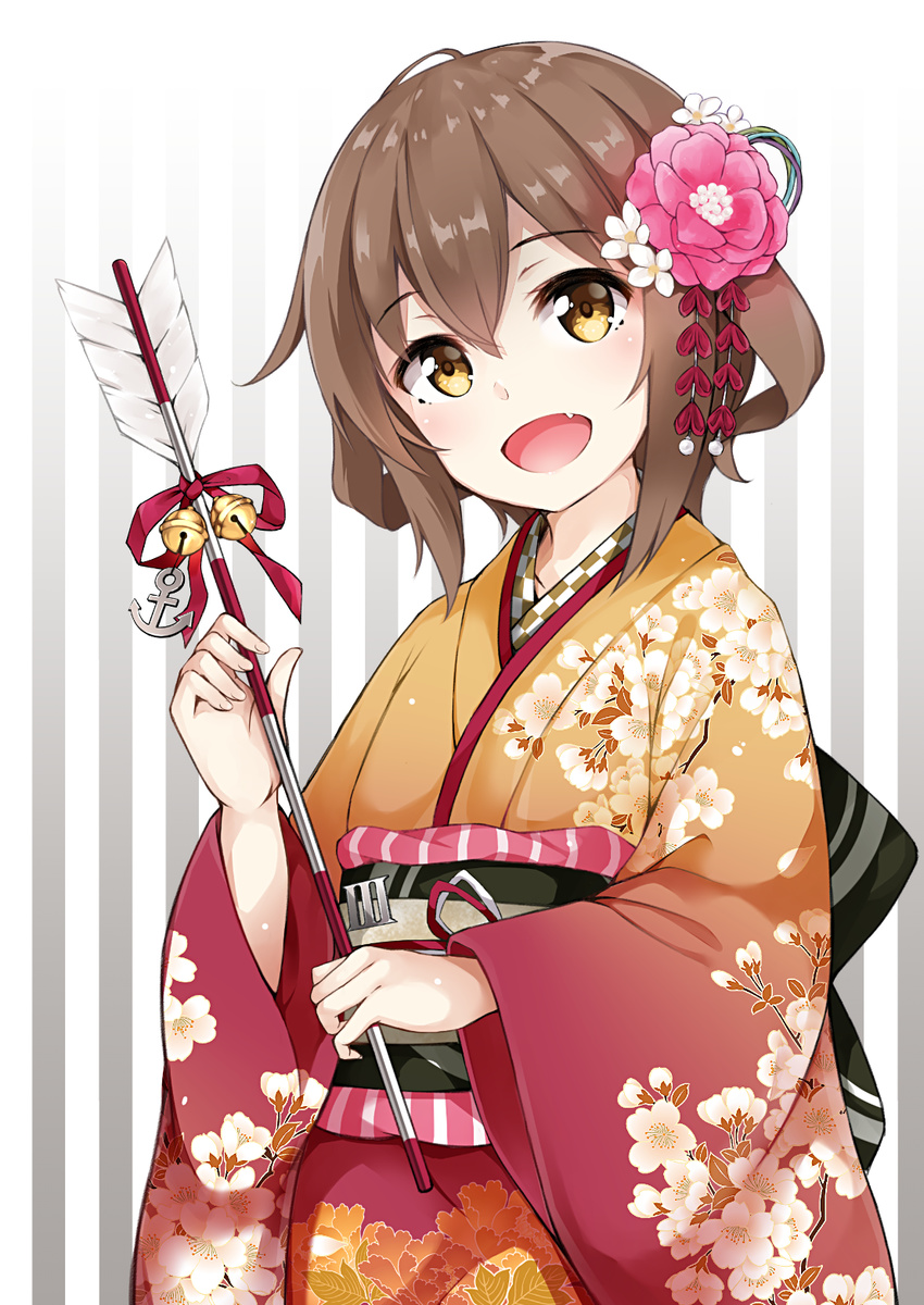 :d alternate_costume arrow bell brown_eyes brown_hair colis_(regunm772) commentary_request fang floral_print flower hair_between_eyes hair_flower hair_ornament hamaya highres ikazuchi_(kantai_collection) japanese_clothes jingle_bell kantai_collection kimono long_sleeves looking_at_viewer new_year obi open_mouth sash short_hair smile solo striped striped_background vertical-striped_background vertical_stripes wide_sleeves