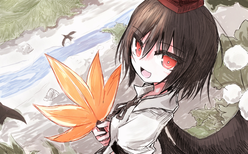 bad_id bad_pixiv_id bird black_hair black_wings collared_shirt eyebrows_visible_through_hair from_above hat highres holding leaf looking_at_viewer looking_back open_mouth pom_pom_(clothes) puffy_sleeves red_eyes river rock scenery shameimaru_aya shirt short_hair short_sleeves smile solo tokin_hat touhou tsuzuku_(hayamisyoto) wings