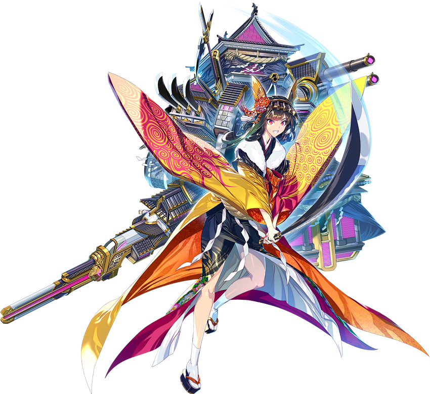 alternate_costume architecture arrow bangs black_hair blunt_bangs castle east_asian_architecture eyebrows_visible_through_hair full_body hair_ornament hairband holding holding_arrow holding_sword holding_weapon japanese_clothes katana kimono kumamoto_castle_(oshiro_project) official_art oshiro_project oshiro_project_re purple_eyes shachihoko smile solo sword transparent_background unsheathed weapon wide_sleeves zounose