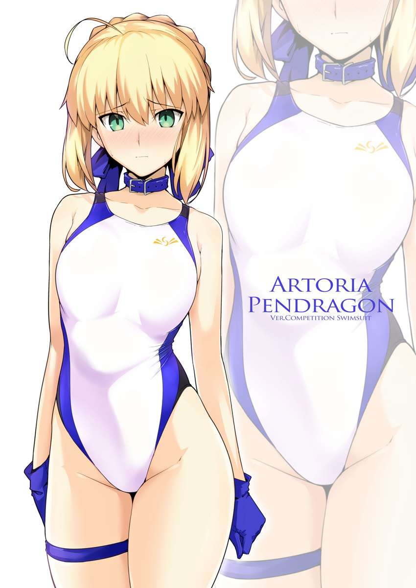 ahoge artoria_pendragon_(all) bare_shoulders belt_collar blonde_hair blue_gloves blue_ribbon blush braid breasts closed_mouth commentary_request competition_swimsuit contrapposto cowboy_shot embarrassed eyebrows_visible_through_hair fate/stay_night fate_(series) gloves green_eyes hair_between_eyes hair_ribbon harukon_(halcon) highres legband looking_at_viewer medium_breasts one-piece_swimsuit ribbon saber short_hair solo standing swimsuit white_swimsuit zoom_layer