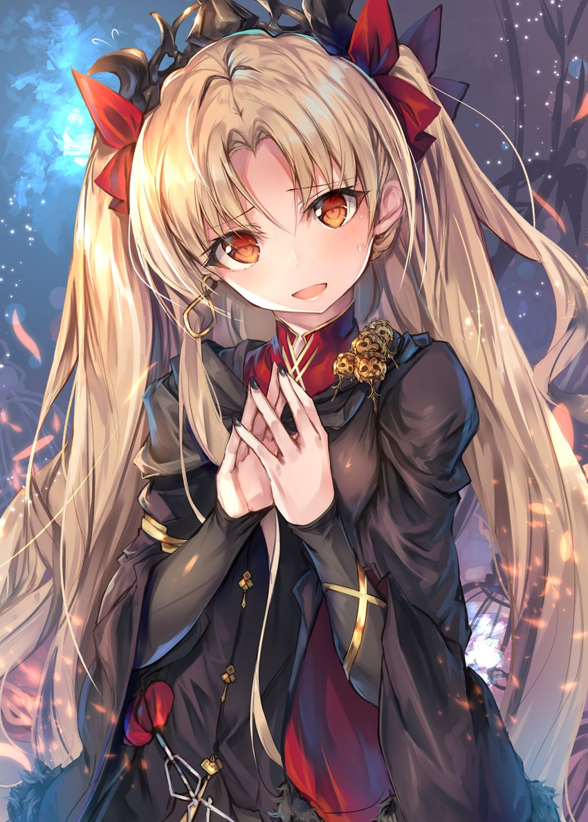 :d bangs black_coat black_nails blonde_hair earrings ereshkigal_(fate/grand_order) fal_maro fate/grand_order fate_(series) hair_ribbon highres jewelry long_hair long_sleeves looking_at_viewer nail_polish open_mouth orange_eyes parted_bangs ribbon smile solo steepled_fingers two_side_up