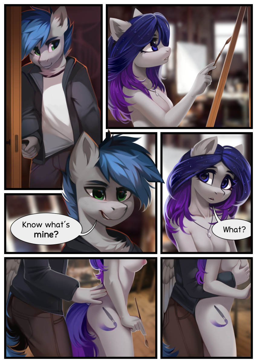 absurd_res anthro blue_mane blue_tail border bottomwear breast_grab breasts brush chest_tuft clothed clothed/nude clothed_male_nude_female clothing comic cutie_mark detailed_background dialogue duo easel english_text equid equine fan_character female fully_clothed fur grey_body grey_fur hand_on_breast hand_on_butt hasbro hi_res horse inner_ear_fluff jacket jewelry kyran_(oc) lispp male mammal mane my_little_pony necklace nude paintbrush pants pegasus pony purple_mane purple_tail smile star_painter text topwear tuft white_border wings