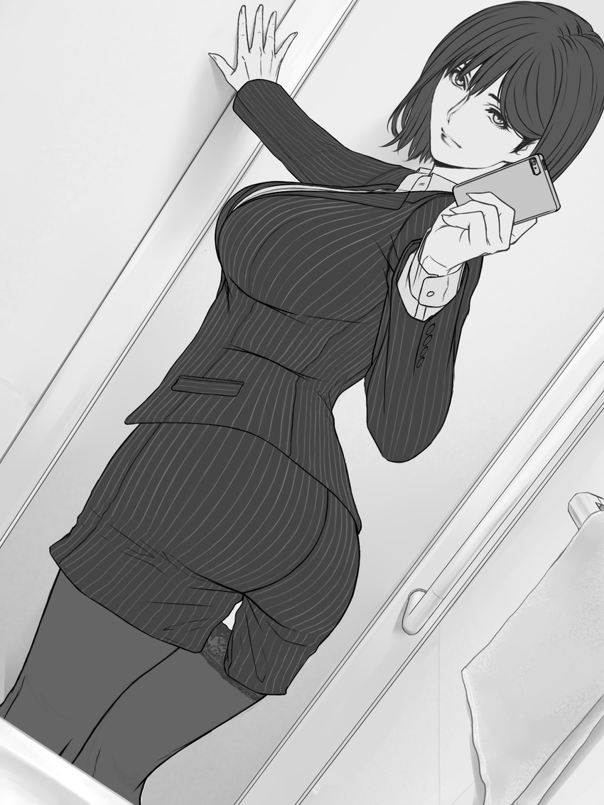 ass ass_visible_through_thighs black_jacket black_skirt breasts cellphone cowboy_shot curvy formal greyscale hand_on_wall highres holding holding_phone indoors jacket large_breasts long_sleeves looking_at_viewer monochrome office_lady original phone pinstripe_suit plump self_shot shisshou_senkoku short_hair skirt skirt_suit smartphone solo striped suit thighhighs
