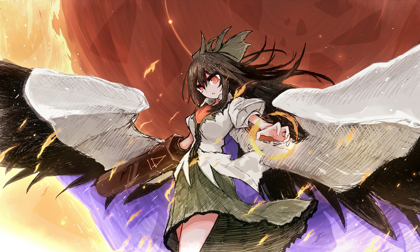 arm_cannon bad_id bad_pixiv_id bird bird_wings black_hair black_wings bow cape capelet crow fire from_below hair_bow highres long_hair looking_down puffy_short_sleeves puffy_sleeves red_eyes reiuji_utsuho serious short_sleeves solo touhou tsurime tsuzuku_(hayamisyoto) weapon wings