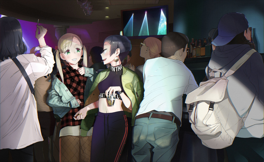 after_hours alcohol backpack bag bar black_hair blonde_hair bottle cigarette commentary_request crop_top crowd cup drinking_glass earrings glasses green_eyes highres indoors jacket jacket_on_shoulders jewelry looking_at_another midriff navel nightclub pants short_hair smile television track_pants twintails wine_bottle