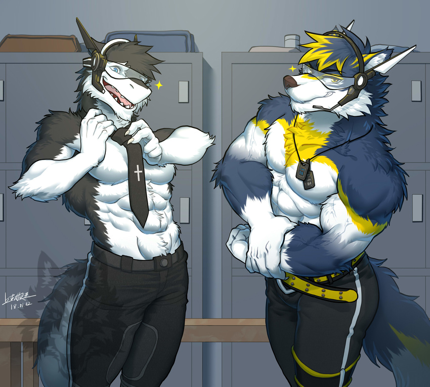abs absurd_res agonylight anthro barefoot biceps big_muscles black_fur black_nose bulge canine chest_tuft claws clothed clothing digital_media_(artwork) discordnight dog_tags eyes_closed fangs flexing fur grey_background gym hair hi_res locker_room male mammal muscular necktie obliques pants pecs sergal shorts simple_background smile standing teeth toe_claws topless triceps tuft white_fur wolf yellow_eyes 上古狼王