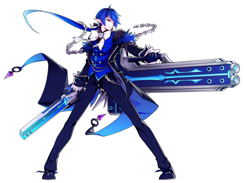 absurdres black_coat black_footwear black_gloves black_pants blue_eyes blue_hair blue_shirt bow chain ciel_(elsword) closed_mouth cross cross_earrings dual_wielding earrings elsword full_body gloves gun highres holding holding_gun holding_weapon hwansang jewelry long_hair looking_away male_focus official_art pants pointy_ears ponytail royal_guard_(elsword) serious shirt shoes solo standing transparent_background weapon white_bow