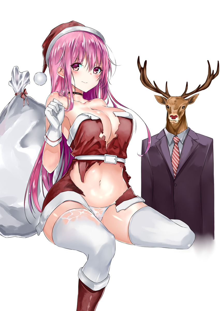 business_suit christmas cleavage no_bra pantsu saya_(pixiv) see_through thighhighs torn_clothes wet_clothes
