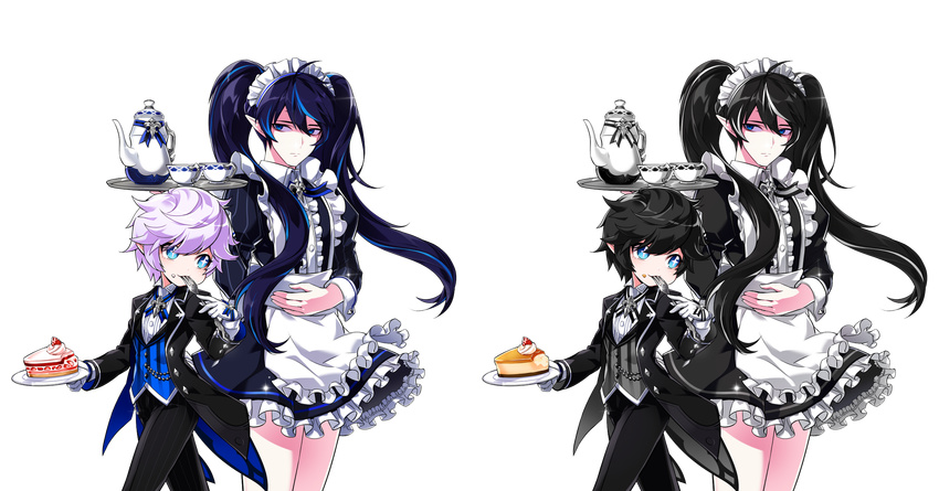 1girl alternate_hair_color alternate_hair_length alternate_hairstyle androgynous april_fools apron black_dress black_hair black_pants blue_eyes blue_hair butler cake ciel_(elsword) crossdressing cup dress eating elsword expressionless female_butler food fork frilled_apron frills gloves highres hwansang jitome long_hair looking_at_viewer looking_to_the_side luciela_r._sourcream maid multicolored_hair official_art otoko_no_ko pants plate pointy_ears reverse_trap shaded_face short_hair strawberry_shortcake streaked_hair symbol-shaped_pupils teacup teapot transparent_background tray two-tone_hair white_apron white_gloves white_hair