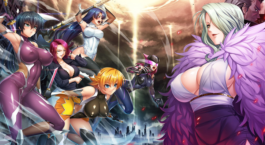 1boy 6girls bangs bare_shoulders battle black_hair blonde_hair blue_eyes blue_hair bodysuit breasts character_request city claws cleavage commentary_request covered_eyes covered_navel curvy dress dual_wielding edwin_black epic erect_nipples evil eyebrows_visible_through_hair female fighting full_body gloves green_eyes green_hair hair_over_one_eye helmet highres hime_cut igawa_asagi igawa_sakura impossible_bodysuit impossible_clothes impossible_leotard jumping knife koukawa_oboro large_breasts leotard lilith-soft lipstick long_hair looking_at_viewer makeup multiple_girls nipples no_bra oboro_(taimanin_asagi) official_art open_mouth outdoors parted_lips pelvic_curtain pink_hair purple_eyes purple_hair red_eyes shiny shiny_hair shiny_skin short_dress short_hair sisters skin_tight skirt sky smile snake_lady standing striped sword taimanin_(series) taimanin_asagi team thick_thighs thighhighs thighs weapon wind yatsu_murasaki yellow_eyes zol