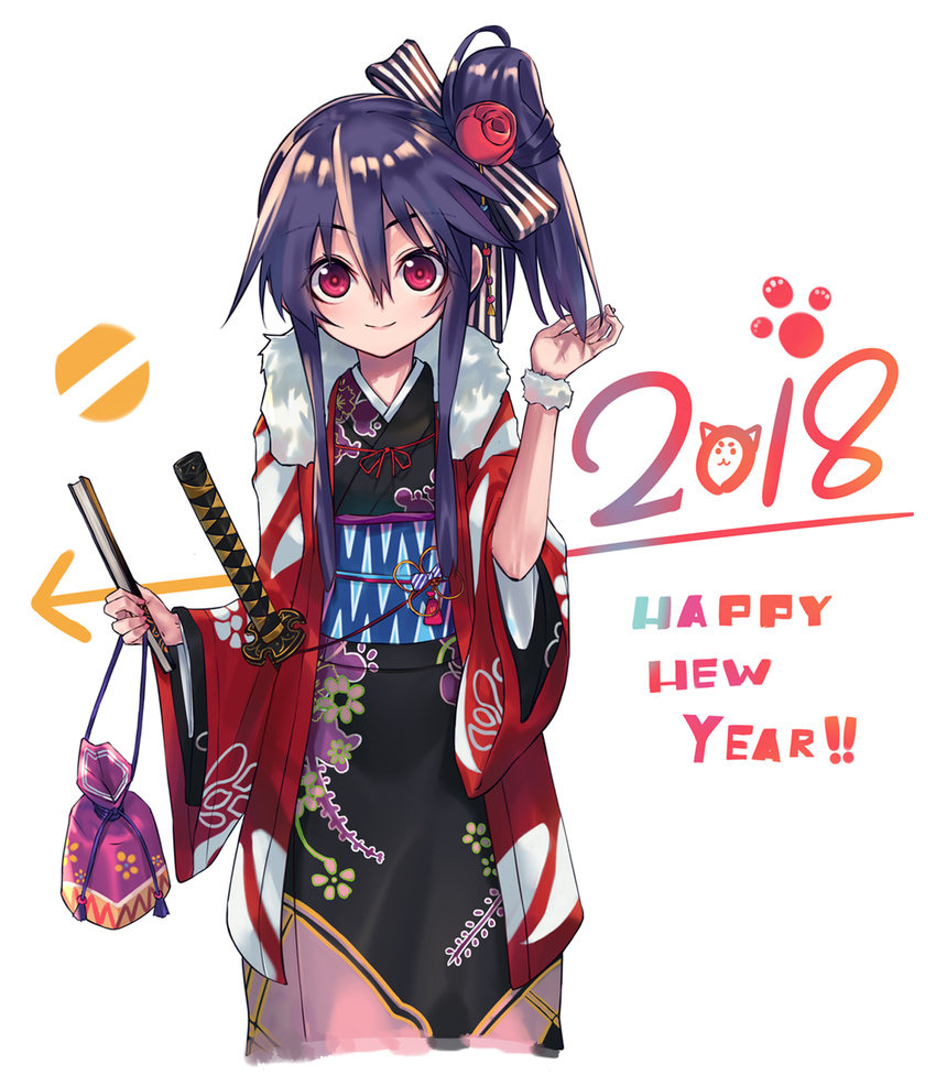 2018 bow cropped_legs eyebrows_visible_through_hair fan floral_print flower fur_trim furisode hair_bow hair_flower hair_ornament happy_new_year highres hoshino_(illyasviel) japanese_clothes katana kimono long_hair looking_at_viewer new_year obi original paw_print pouch purple_hair red_eyes sash scrunchie sheath sheathed side_ponytail sidelocks smile solo sword text_focus weapon white_background wide_sleeves