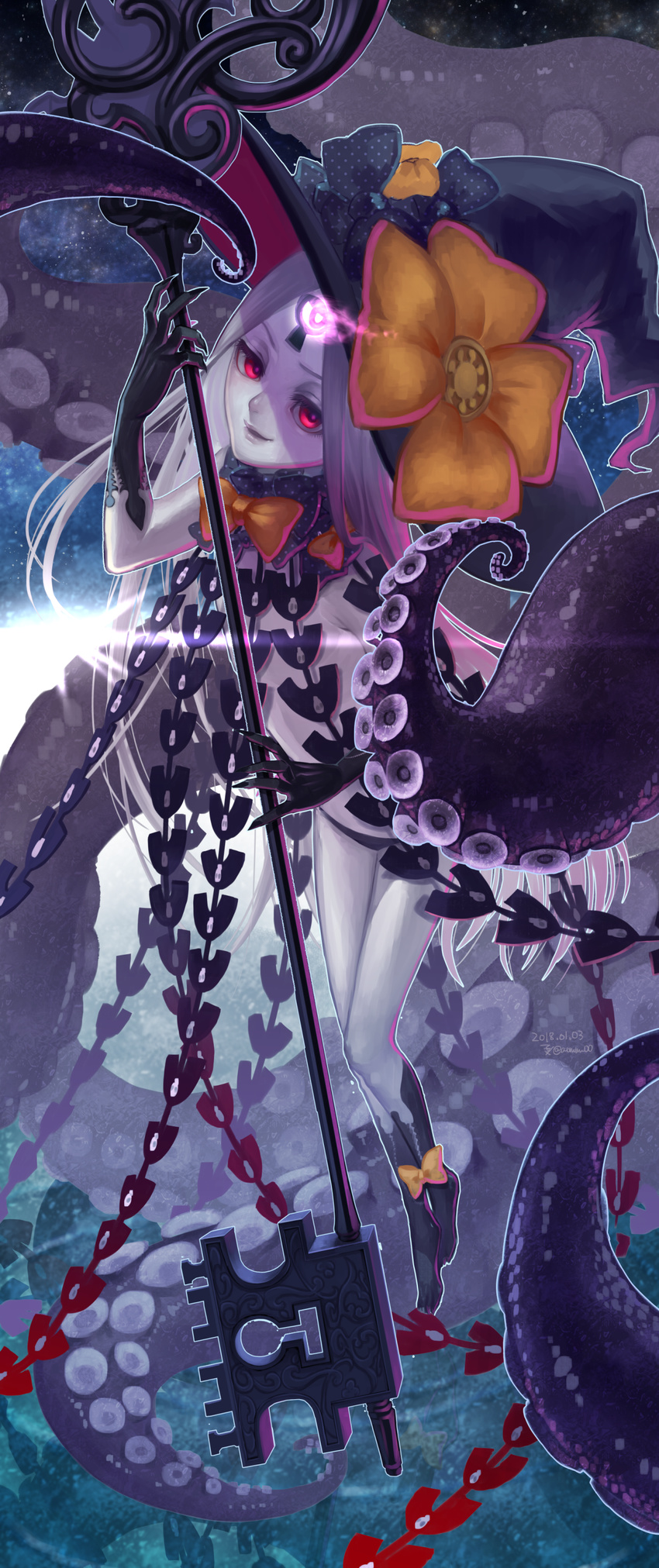 abigail_williams_(fate/grand_order) absurdres bangs black_bow black_gloves black_hat black_legwear black_nails black_panties bow commentary_request dated elbow_gloves fate/grand_order fate_(series) fingernails gloves glowing hat hat_bow highres holding holding_key key kneehighs long_fingernails long_hair nail_polish orange_bow pale_skin panties parted_bangs parted_lips red_eyes revealing_clothes signature solo suction_cups tentacles topless twitter_username underwear very_long_hair wa_(87s-87) white_hair witch_hat