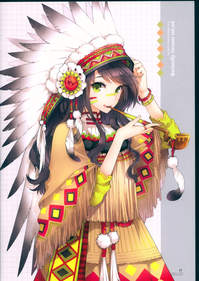 absurdres arm_up bangs black_hair bodypaint bracelet facepaint facial_mark feathers flower fringe_trim green_eyes headdress highres holding holding_pipe huge_filesize jewelry kiseru long_hair looking_at_viewer nardack native_american native_american_headdress non-web_source original parted_lips pipe pipe_in_mouth ring scan skirt solo upper_teeth warbonnet white_feathers
