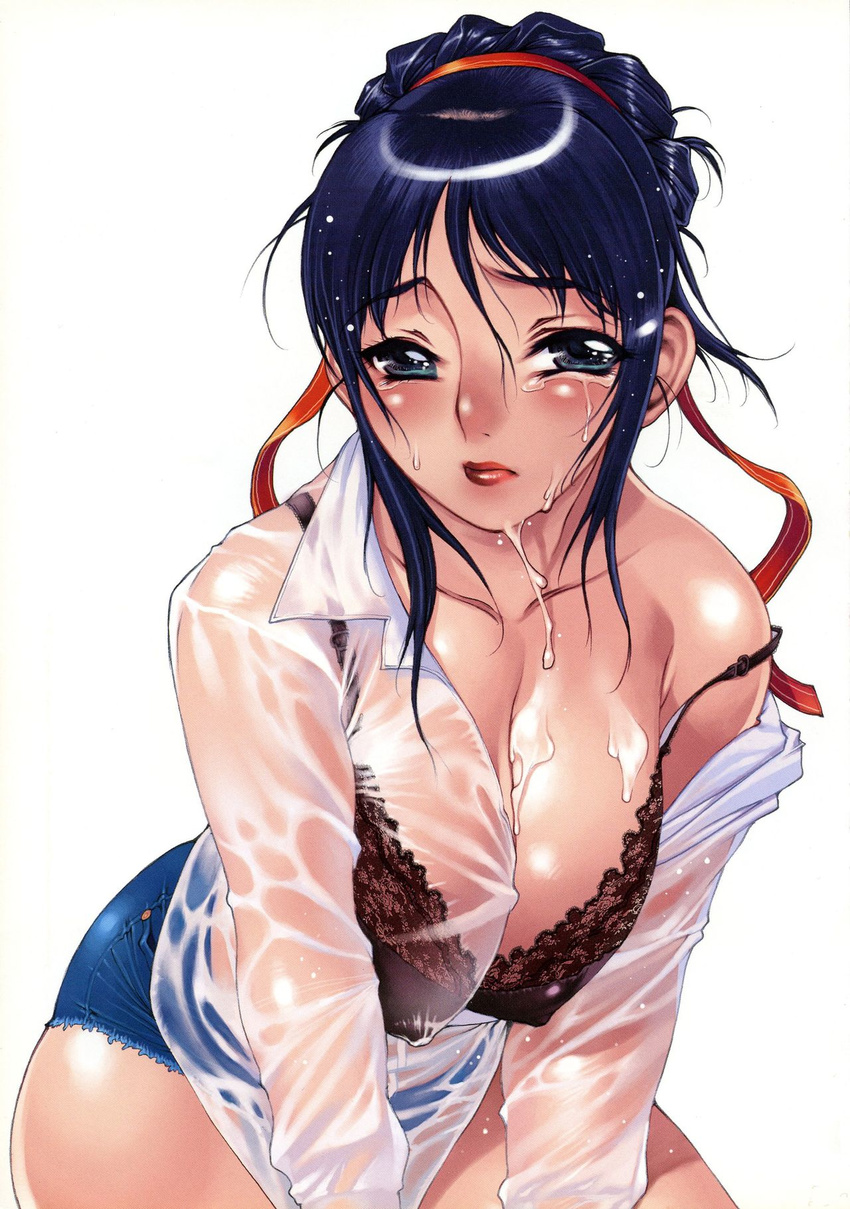 aqua_eyes black_bra blue_eyes blue_hair blue_shorts blush bra breasts cleavage collarbone comic_kairakuten covered_nipples cowboy_shot cum cutoffs green_eyes hair_bun hair_ribbon highres lace lace-trimmed_bra large_breasts leaning_forward lingerie lips long_sleeves mature micro_shorts nishi_iori off_shoulder ribbon scan see-through shirt short_shorts shorts simple_background solo strap_slip sweat tears underwear updo wet wet_clothes wet_shirt white_background white_shirt