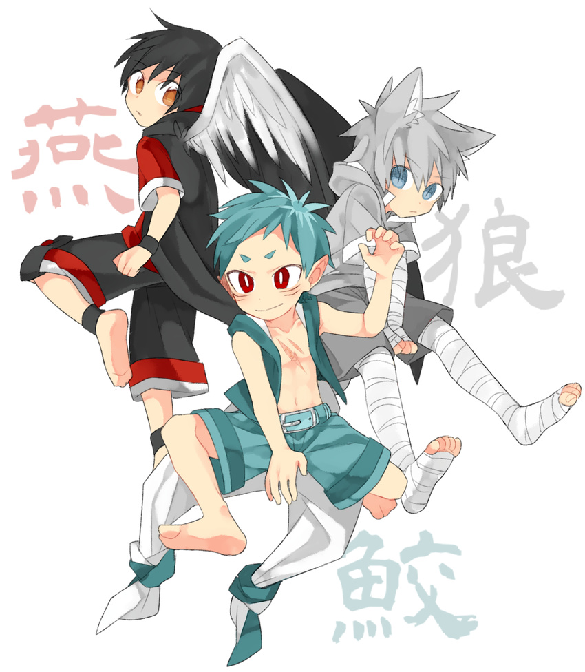 3boys angel_wings animal_ears ankleband aqua_belt aqua_hair aqua_hoodie aqua_shorts arm_up bandaged_arm bandaged_leg bandages bangs bare_arms bare_shoulders barefoot belt belt_buckle bird black_ankleband black_hair black_shorts black_wristband blue_eyes bright_pupils buckle chest_scar closed_mouth collarbone eyebrows_visible_through_hair facial_mark full_body gills grey_hair grey_hoodie grey_shorts hair_between_eyes highres hood hood_down hoodie looking_at_viewer looking_back looking_to_the_side male_focus multiple_boys navel original pointy_ears red_eyes red_shirt scar shark_boy shirt short_eyebrows short_sleeves shorts simple_background sleeveless sleeveless_hoodie slit_pupils smile swallow sweatshirt touyama_(t3yama2) translated tsurime white_background white_pupils wings wolf_boy wolf_ears wristband yellow_eyes