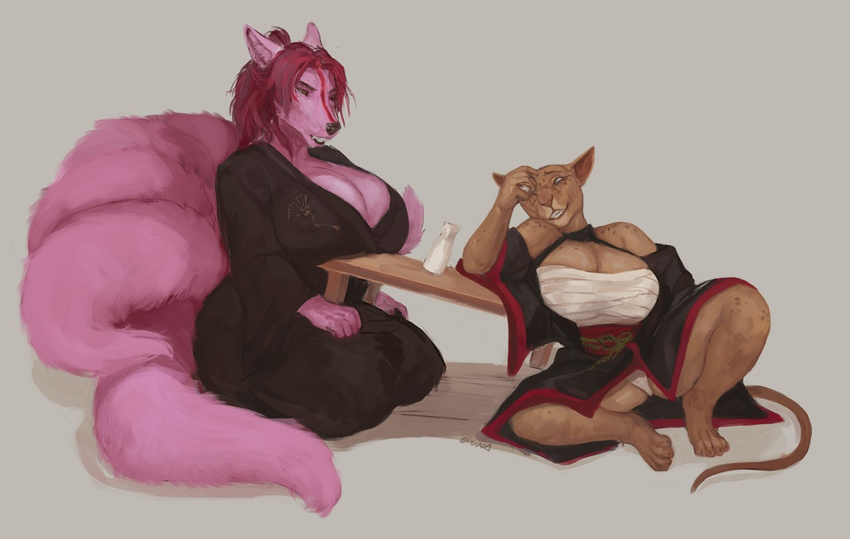 anthro big_breasts bottle breasts canine cat cleavage clothed clothing digital_media_(artwork) duo feline female fox fur furniture hair huge_breasts larger_female mammal multi_tail oouna panties revealing_(disambiguation) simple_background sitting size_difference smaller_female smile table thick_thighs underwear voluptuous wide_hips