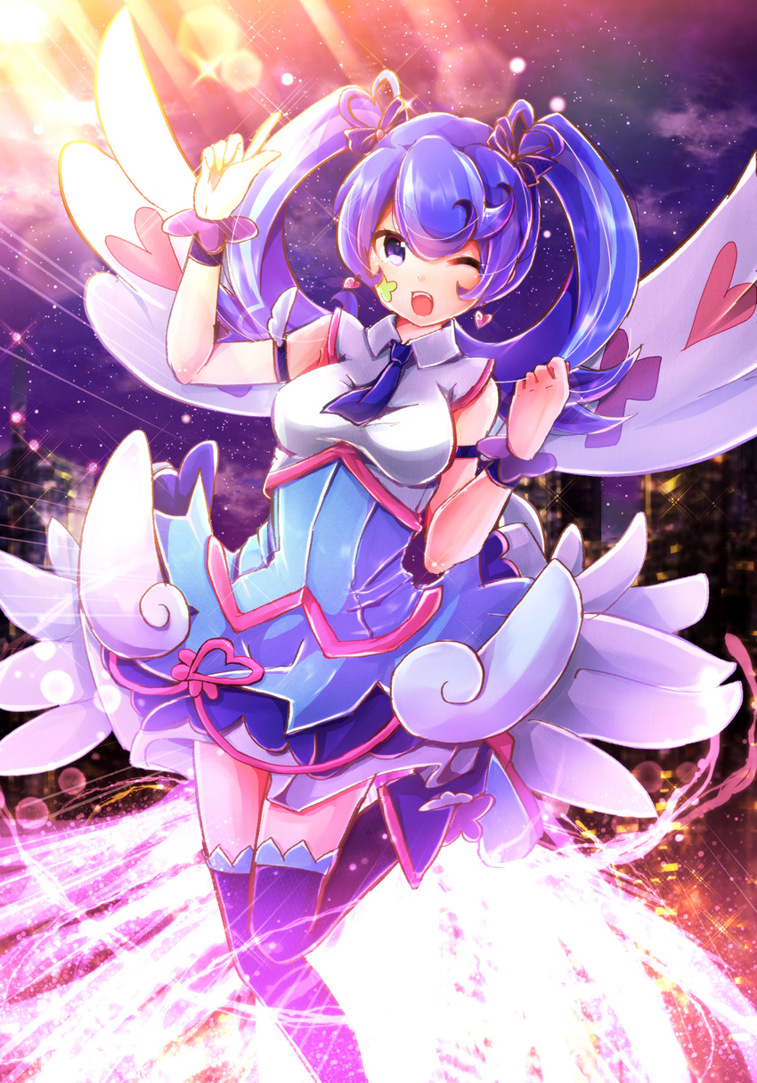 ;d angel_wings blue_angel blue_dress blue_neckwear dress earrings hair_ornament heart heart_earrings heart_hair_ornament highres index_finger_raised jewelry long_hair one_eye_closed open_mouth purple_legwear smile solo standing standing_on_one_leg thighhighs twintails umu_(tin-chin) wings yuu-gi-ou yuu-gi-ou_vrains zaizen_aoi